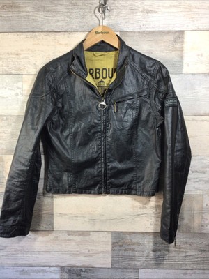 Barbour Int'l schwarz/gelb 100 % Leinen (Duralinen) ''Avril'' Bikerjacke Größe 10