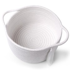 Small White Gift Basket Empty Mini Decor Cotton Rope Bin with Handles Decor