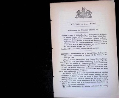 1864 William Reading Patent 927 Watch Chain Fasteners Jewelry Findings Booklet