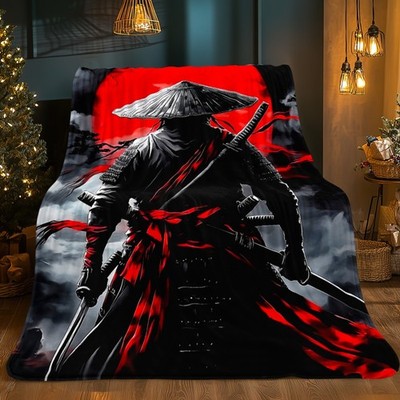 1pc Ninja Warrior Blanket - Red & Black Japanese Samurai Design with Katana Sw