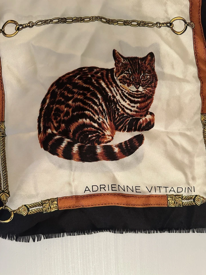 Adrienne Vittadini 围巾女式长丝绸猫印花日本制造罕见复古 — 第 4/4 张图片