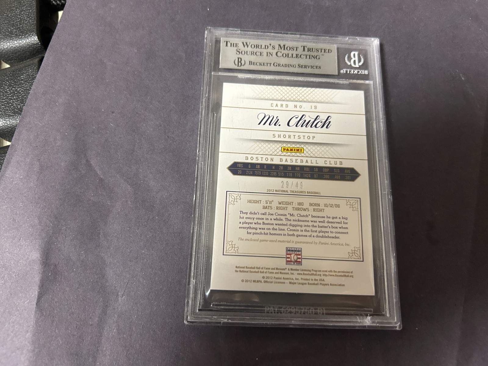 orig. 2012 NATIONAL TREASURES JOE CRONIN game used jersey CARD..BECKETT MINT 9 view 2