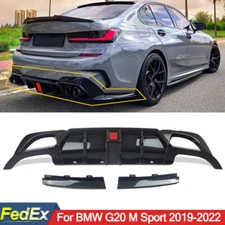 FOR 2019-2022 BMW 3 SERIES G20 CMS STYLE CARBON LOOK REAR DIFFUSER W/ LED LIGHT