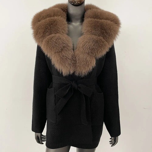 Strick Cardigan Damen Winter Echt Pelz Mantel Langarm Warm Kapuze Felljacke - Bild 7 von 47