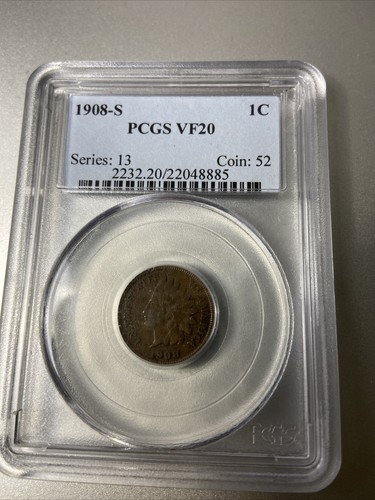 1908-S 1C INDIAN HEAD CENT PCGS VF20 - Picture 2 of 11