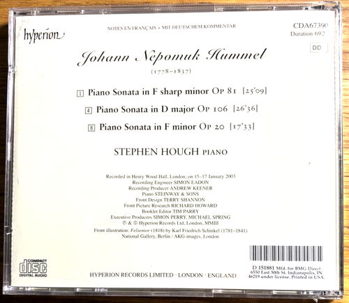 STEPHEN HOUGH - HUMMEL PIANO SONATAS Opp.20, 81 & 106 -- NEW, STILL SEALED CD - Picture 2 of 2