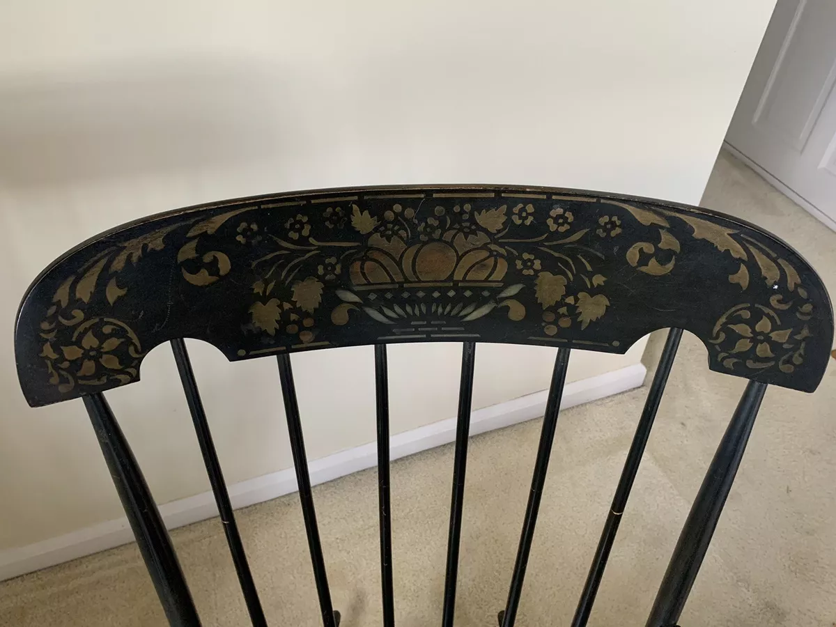 Vintage Nichols Stone Black Rocking Chair With Gold Harvest Stencil