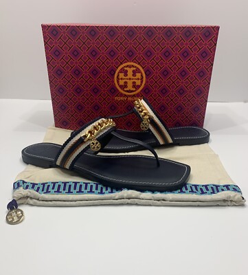 Tory Burch Mini Benton Chain Band Sandal Navy/Tan, Size 10
