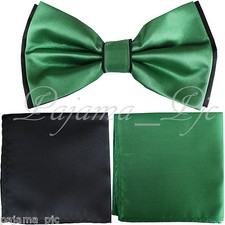 Wedding Black Emerald Pre-tied Bow tie  Pocket Square Hankie Two Layers 3pc set