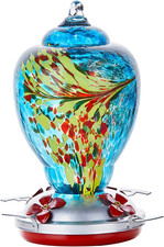 Hummingbird Feeder for Outdoors Patio Large 32 Ounces Colorful Hand Blown Glass