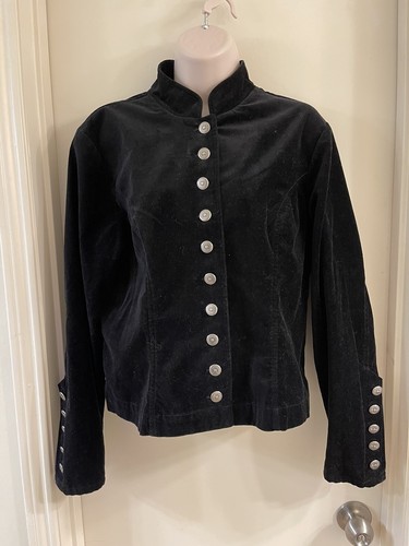 STONEBRIDGE Black Velour Military Style Jacket Silver Tone Buttons Sz 12 EUC - Picture 2 of 6