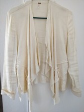 Free People Jacket XS Raw Femme Ivory Cream Linen Open Front Cardigan Fringe