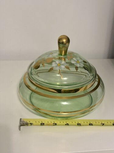 Vintage Green with Gold Accent Elegant Glass Covered Candy Dish Flower Motif - Picture 3 of 12