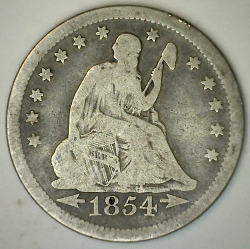 1854 Seated Liberty Silver Quarter 25c US Coin Arrows Very Good Circulated VG