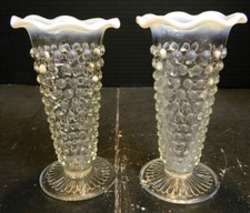 Vintage Pair of Fenton Hobnail Opalescent Scalloped Tapered Vases Excellent Cond