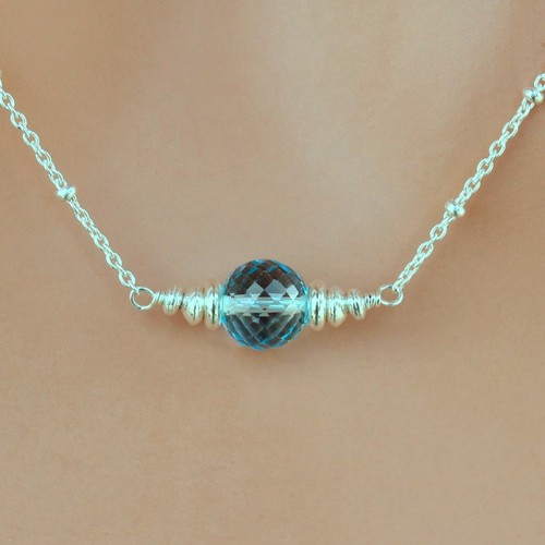 Sky Baby Blue Topaz Round Bead .925 Sterling Silver Chain Necklace U&C Sundance - Picture 2 of 6