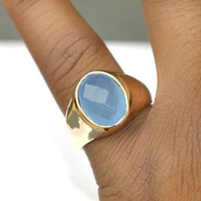 Natural Blue Faceted Chalcedony Sterling Silver Rose Gold Plated Gift Ring 10