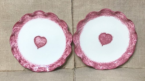 Ceramiche Toscane Spongeware Heart Ruffle Trim 8 In Plate Set Italian Pottery
