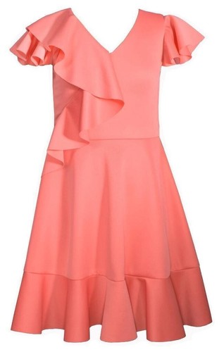NWT Bonnie Jean Girls Size 8 Coral Scuba Flutter Sleeve Ruffle Skater Dress