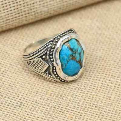 Blue Copper Turquoise Gemstone Ring 925 Sterling Silver Men's Ring All Size  D83