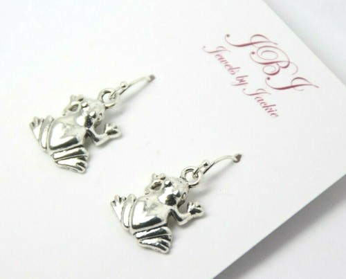 Frog Charm Earrings .925 sterling silver hooks pewter Charms 1 1/4" Amphibian - Picture 2 of 5