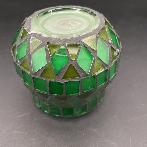 Mosaic Stained Green Glass Candle Holder with used candle - geometric diamond - Picture 7 of 11