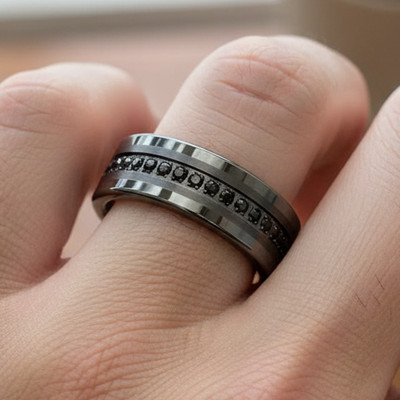 8mm Men s Gunmetal Tungsten Ring with Prong-Set Black CZ Stones Eternity Band
