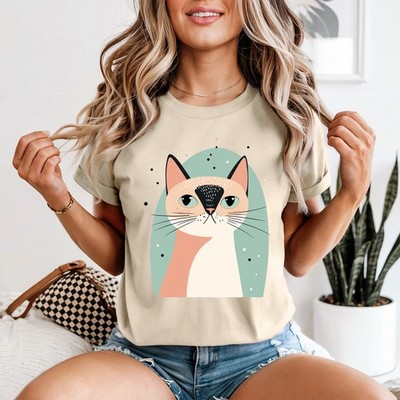 Boho Minimalistische Katze Damen T-Shirt Siamkatze Liebhaber Geschenk für Sie