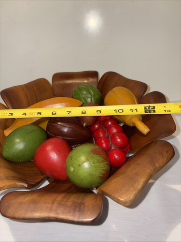 Wooden Fruit Bowl Set Carved Wooden Fruit Phillipines with 10 Pieces Vintage - Picture 5 of 8