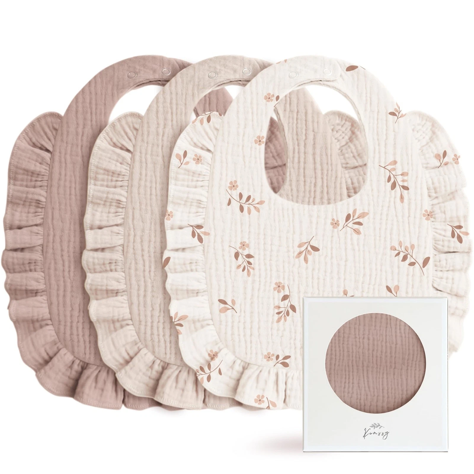 Konssy Muslin Baby Bibs for Girls – Soft 100% Cotton Drool Bibs, Ruffle Trim for
