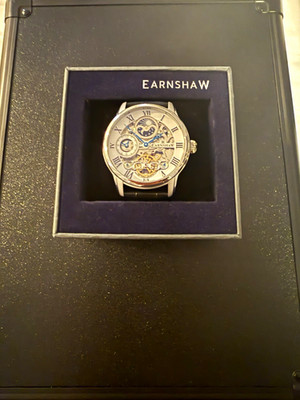 Earnshaw Thomas Automatic Skeleton Roman Numeral Black Leather Watch w/ Box