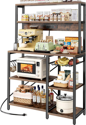 Bakers Rack with Power Outlet, 35.4 Inches Coffee Bar with Wire Basket, Kitchen 