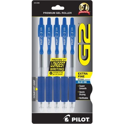 Pilot, G2 Premium Gel Roller Pens, Extra Fine Point 0.5 mm, Pack of 5, Blue New