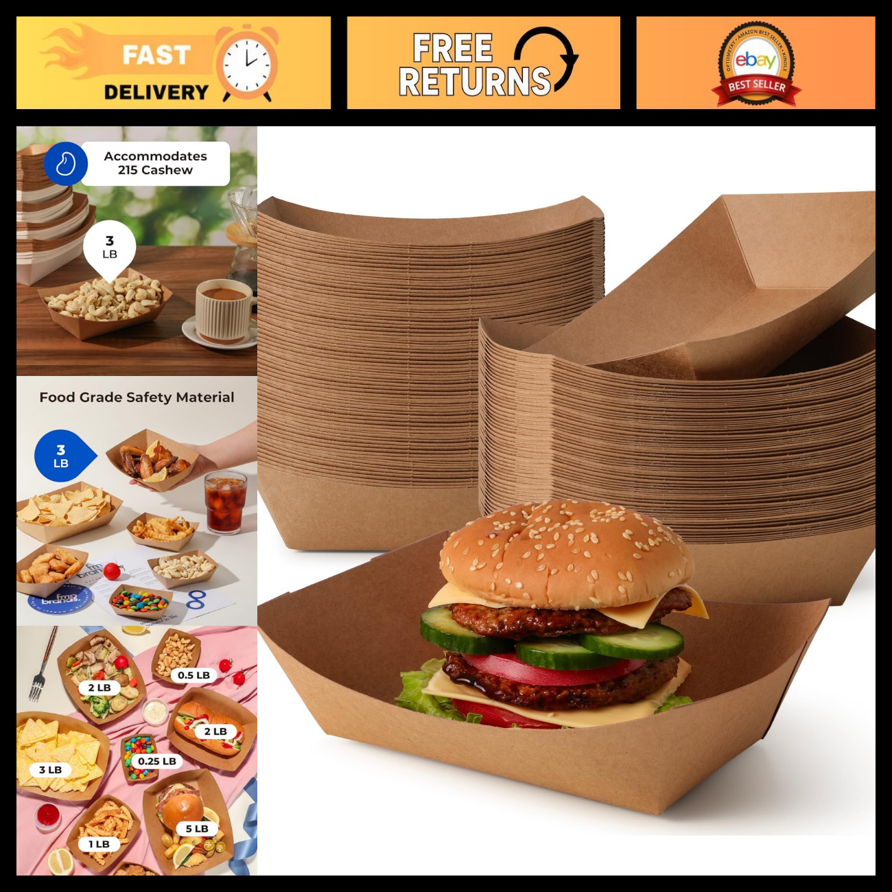 3 LB Kraft Paper Food Boats - Heavy Duty Disposable Trays for Parties & Events