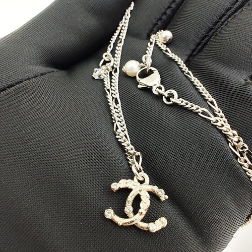 CHANEL Used Coco Mark Necklace Fake Pearl Rhinestone Silver C21A - Picture 7 of 7