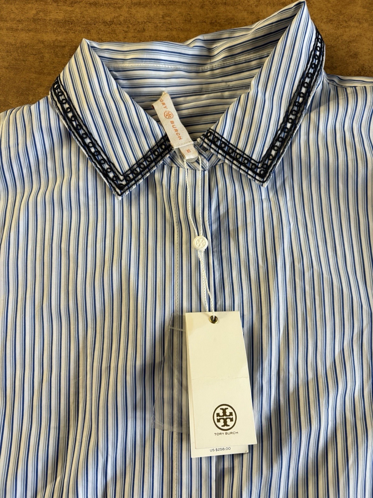 Tory Burch Blue White Pinstripe Cotton Paige Top Bell Sleeves Size 12 NWT thumbnail 4