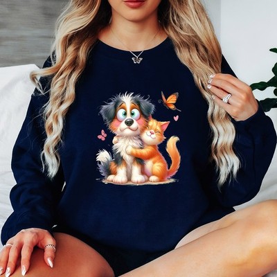 Hund Katze Embrace Pets Tiere Damen Sweatshirt Freundschaft Grafik Pullover