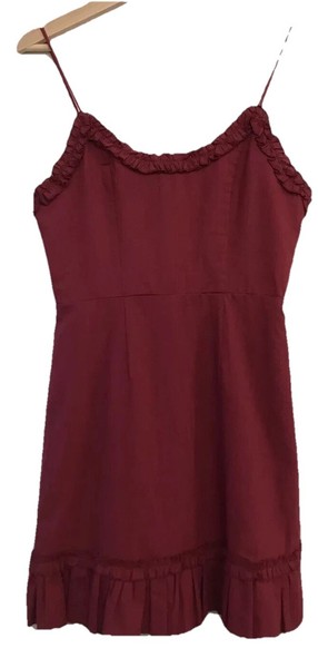 Here Comes The Sun Dark Red A Line Strappy Sundress Sz 8 Ruffle Neckline Hem