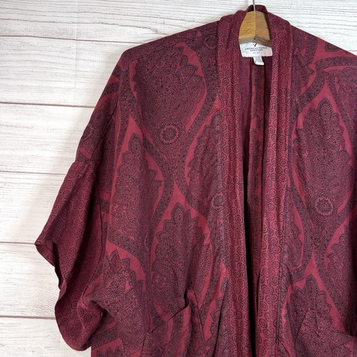 American Eagle Open Front Cardigan Linen Boho Wine One Size Artsy Lagenlook - Picture 4 of 11