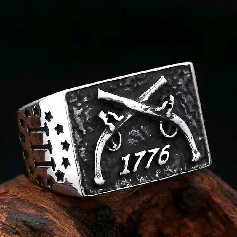 Anillo de sello de pistolas de chispa cruzadas 1776 para hombre, joyería retro sólida de motociclista 316L