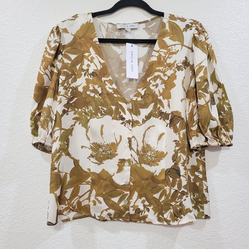 NWT Amour Vert Simona Blouse Viscose Twill Pasadena Gold Floral Sz L V Neck - Picture 2 of 8