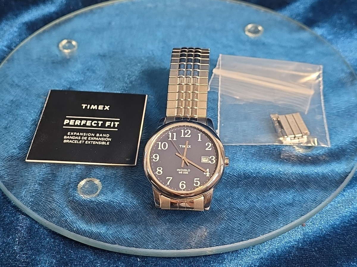 Timex Watch Indiglo WR30M navy blue face date analog stretch men