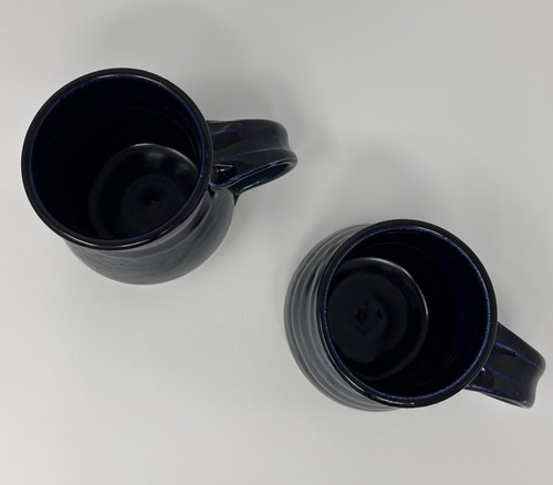 Studio Pottery Mugs Signed Set of 2 2001 Blue Green Wide Base - Picture 2 of 5