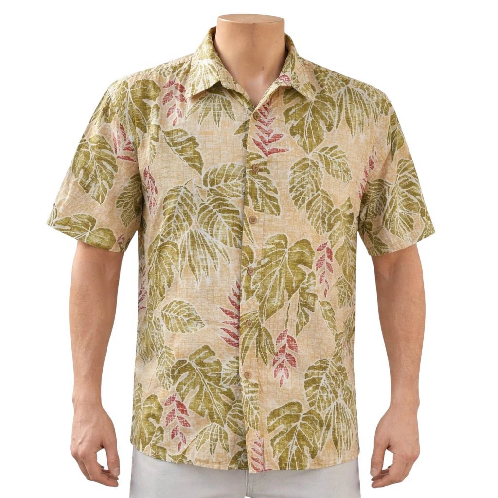 Cooke Street Hawaiian Aloha Shirt Large Floral Abstract Leaves Yellow Green
