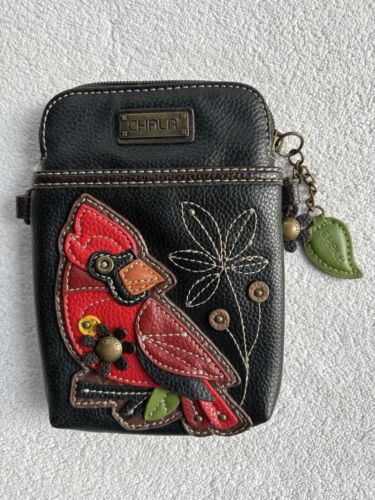 Chala Crossbody Handbag Cardinal Bird Flowers Black Red Faux Leather Charm READ