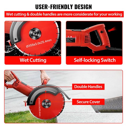 1800W Electric Concrete Saw 355mm Cutter Wet/Dry Demo Saw Demolition Masonry Saw - Picture 6 of 12