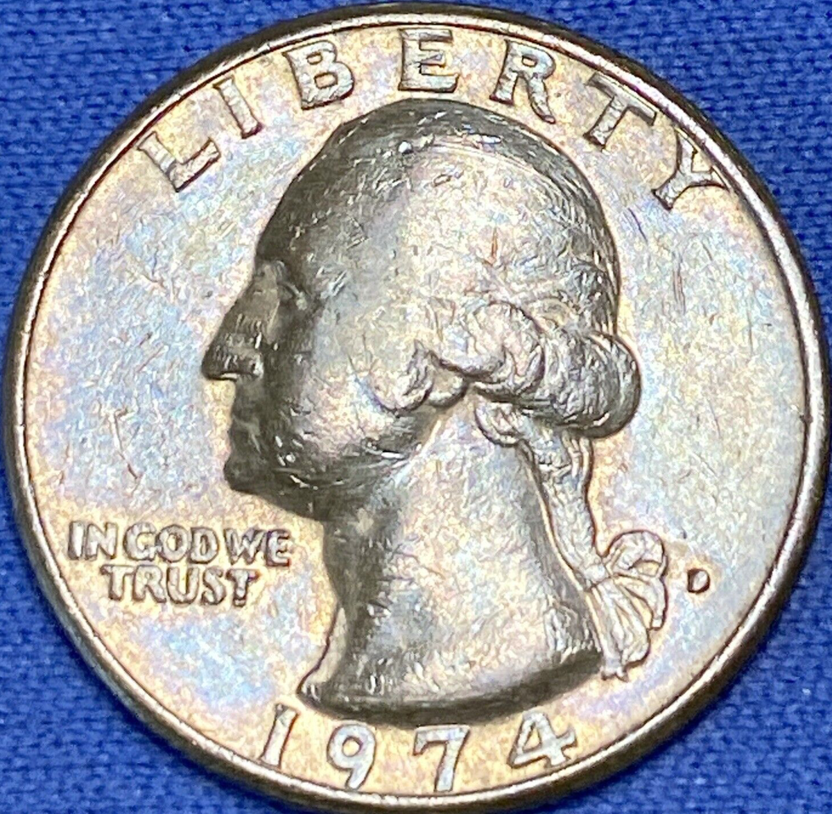 1974-D Washington Quarter Brilliant Blue/Rainbow Toning w/Error #6