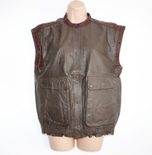 Women's Vintage Snap Down Taupe Brown 100% Leather Bomber Waistcoat Vest Uk14