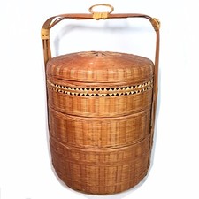 1940s Chinese 3 Tier Wedding Basket Stacking Bamboo Rattan Woven Cane Antique