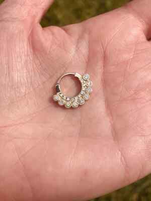 Hinged Septum Ring Heilx Clicker Daith Hoop w/ Bezel Genuine Diamonds 14k Gold